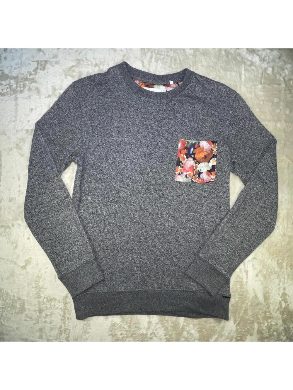 On The Byas Sweatshirt Gray Mens Size SMALL Cotton Crew Neck Floral Pocket EUC
